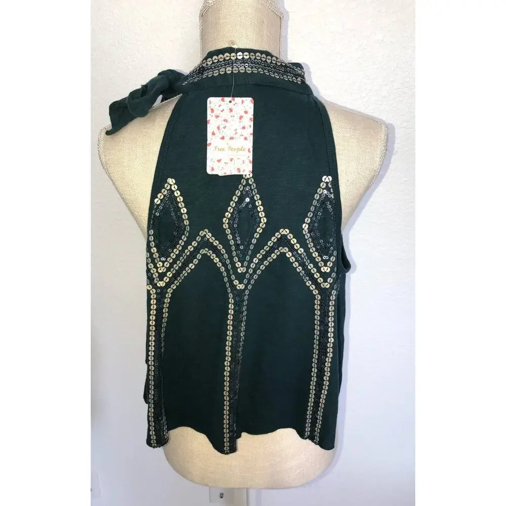 Free People Green Glitter City Tie Neck Tank Top - XS